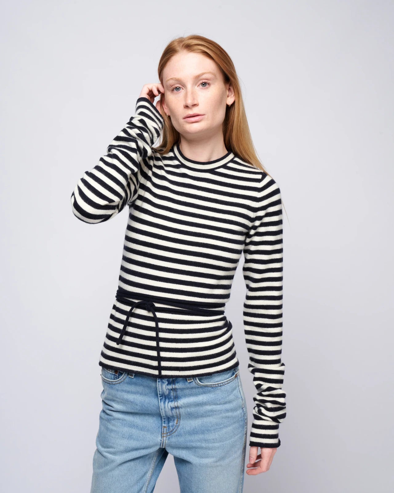 S - Extreme Cashmere Navy White Breton Striped 202 Minus Sweater 0416JW