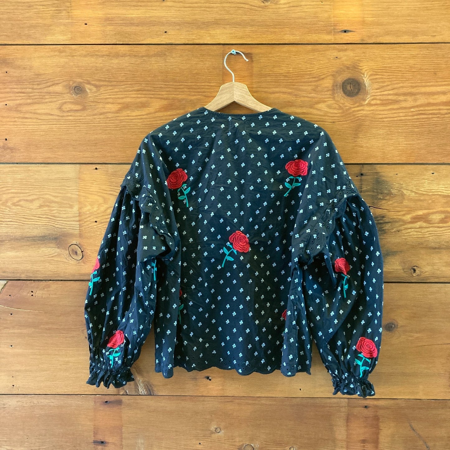 Sissel Edelbo Black Embroidered Rose Pattern Shirt Top - Size S - 0304HJ