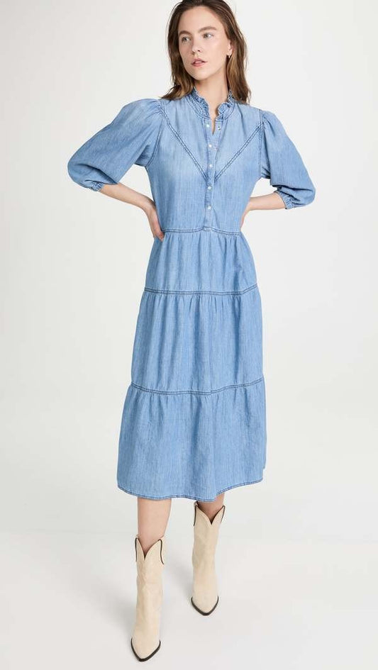 BA&SH Light Blue Denim Willow Tiered Midi Jean Chambray Dress  - Size M - 0316CK