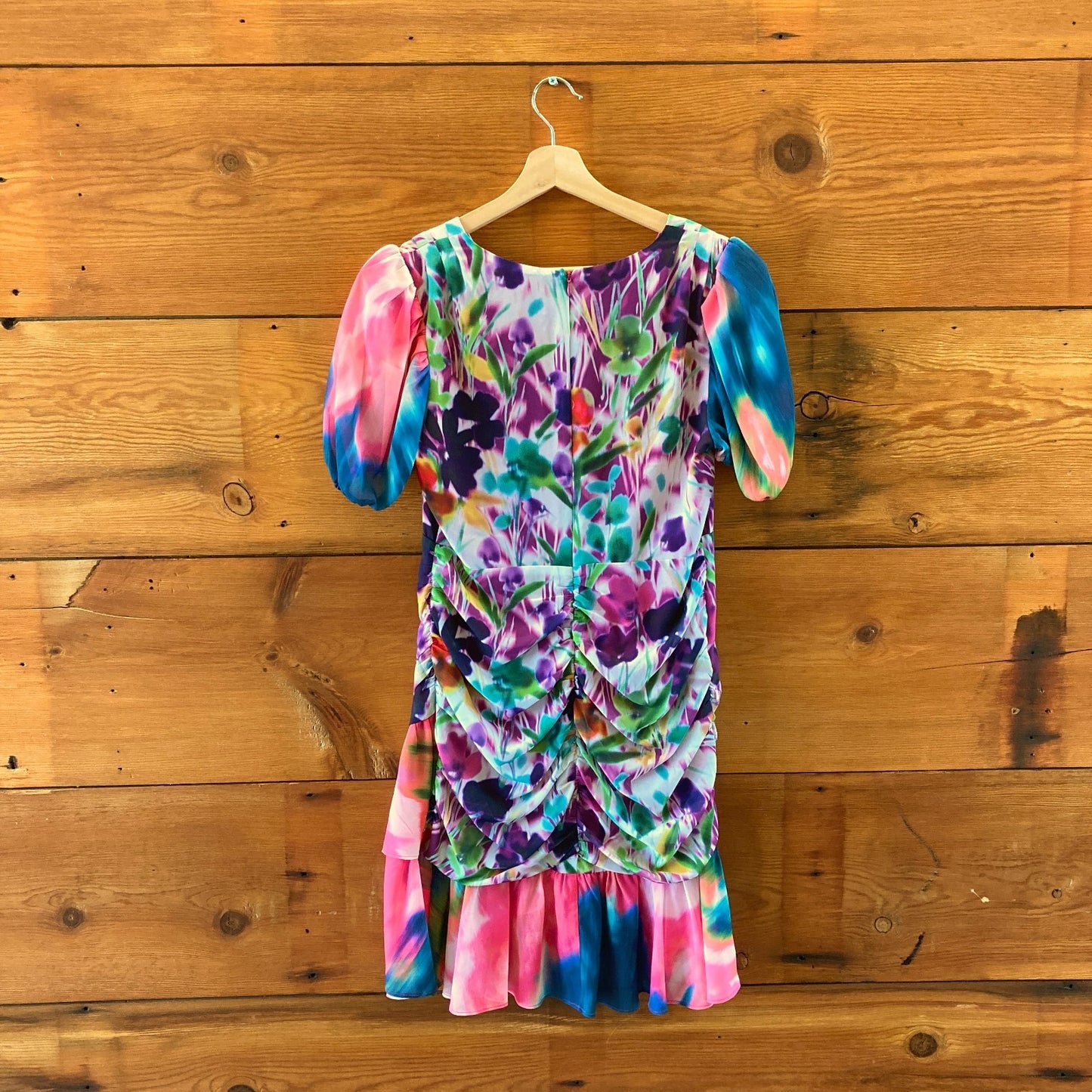 One33 Social $355 Purple Patterned Ruched Cocktail Dress - Size 8 - NEW - 1029SB