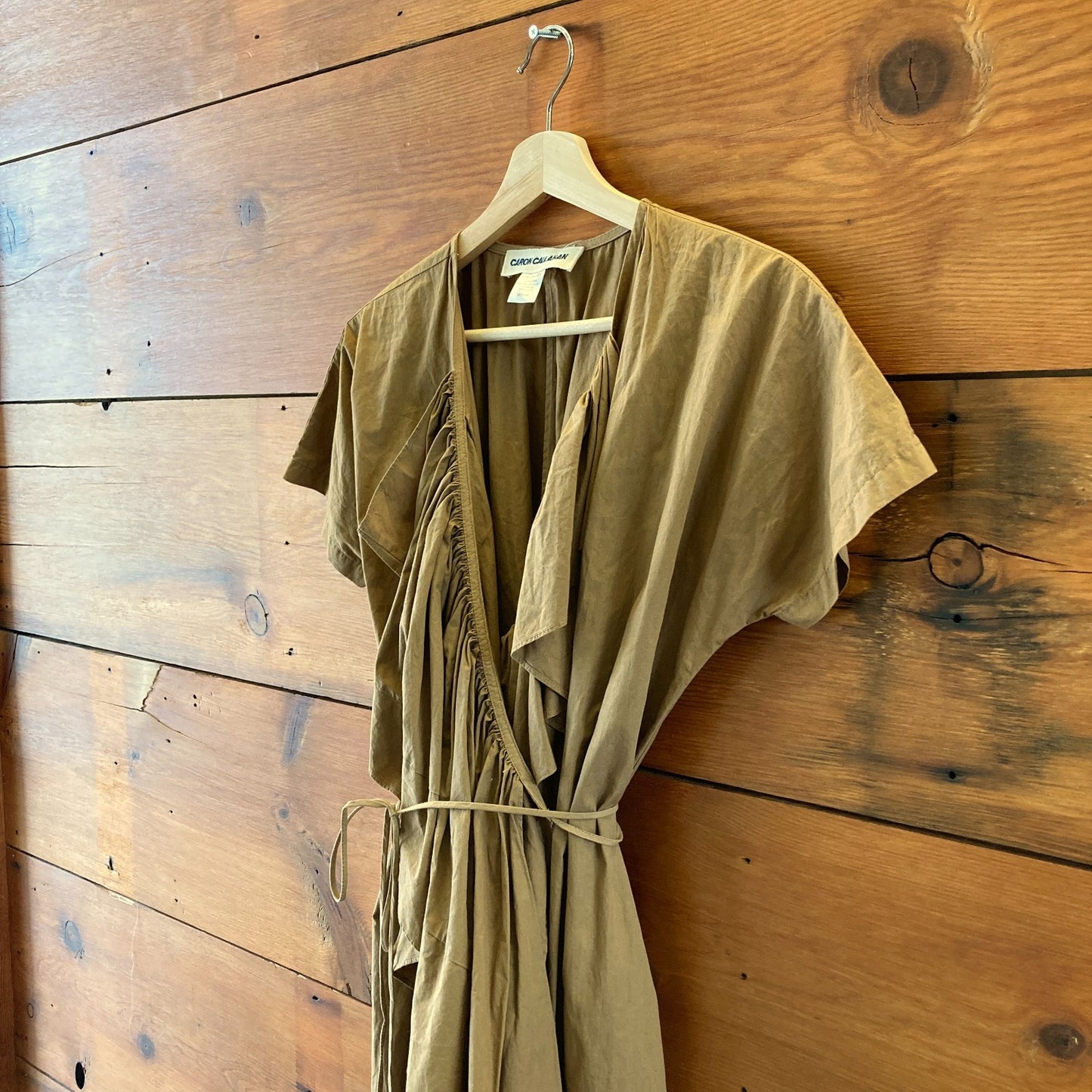 Caron Callahan Brown Midi Cotton Gathered Ruffle Wrap Dress - Size M - 0419JP