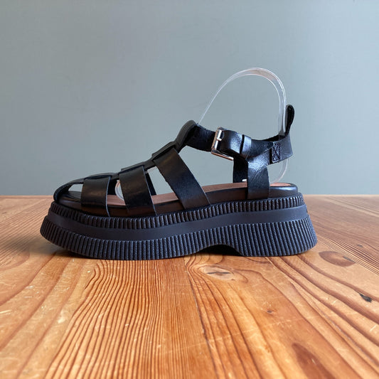 36 / 5.5 - GANNI Black Leather Platform Creepers Fisherman Sandals Shoes 0312IG