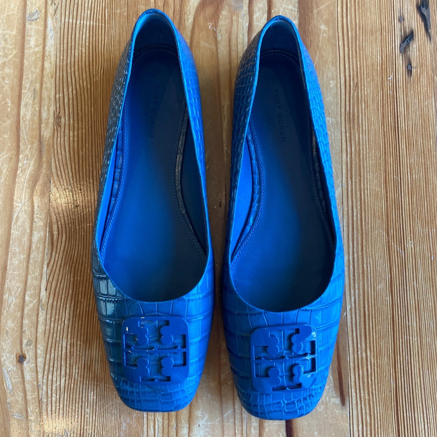 Tory Burch Blue Snake Embossed Leather Georgia Flats Shoes - Size 10 - 0206BS