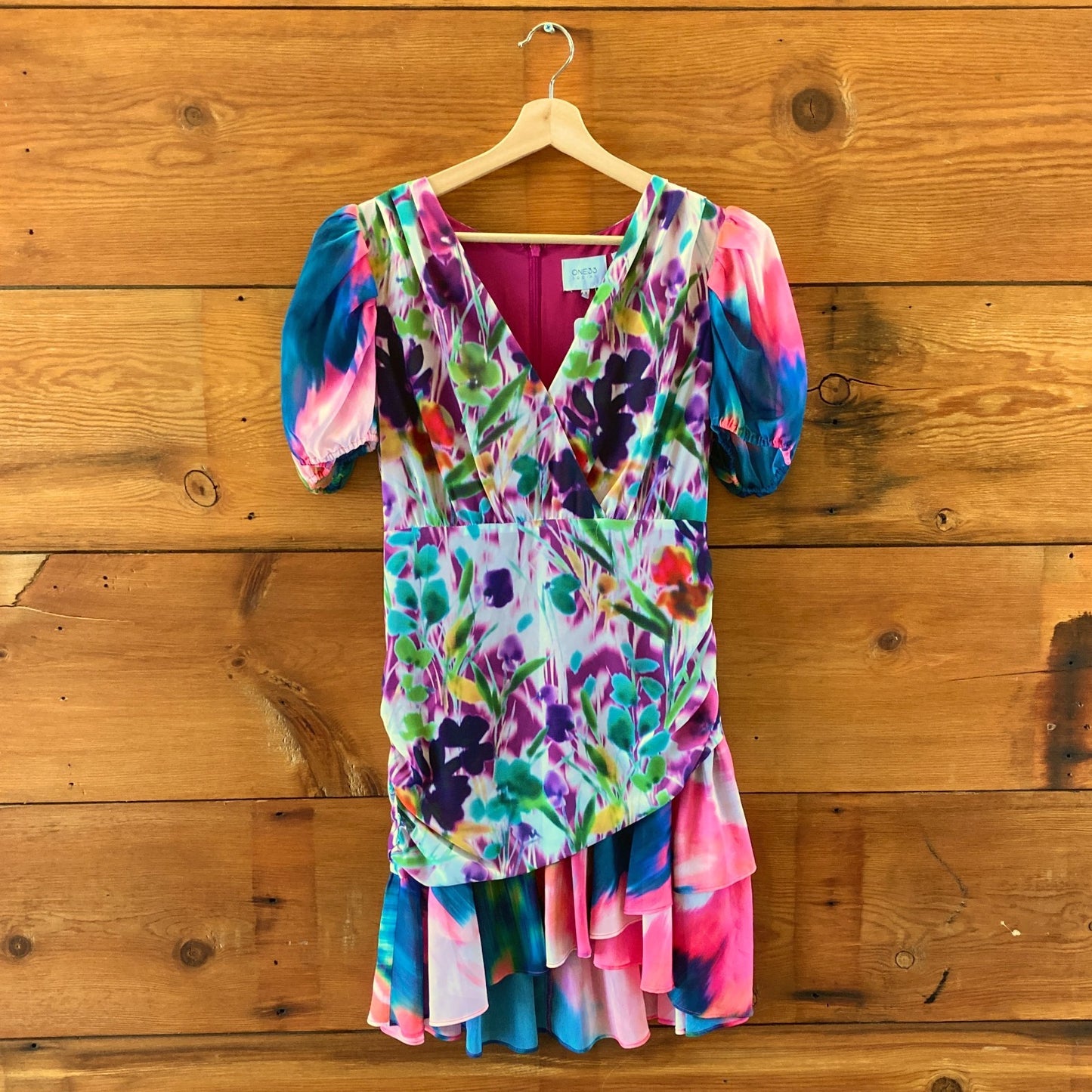 One33 Social $355 Purple Patterned Ruched Cocktail Dress - Size 8 - NEW - 1029SB