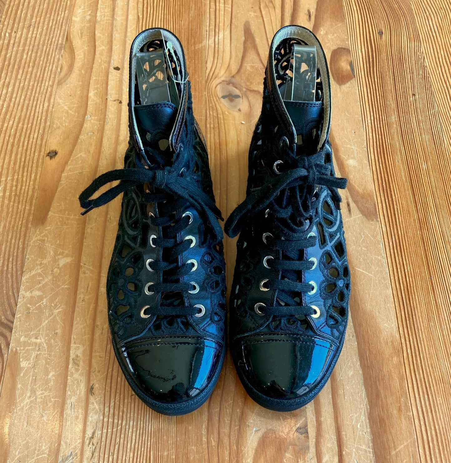 Chanel Black Floral Laser Cut Camelia High Tops Sneakers Shoes - Size 8 - 0709EH