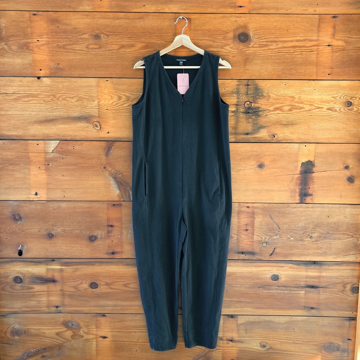 S Petite - Eileen Fisher Black Zip Cotton Blend Ponte Lantern Jumpsuit 0313AH