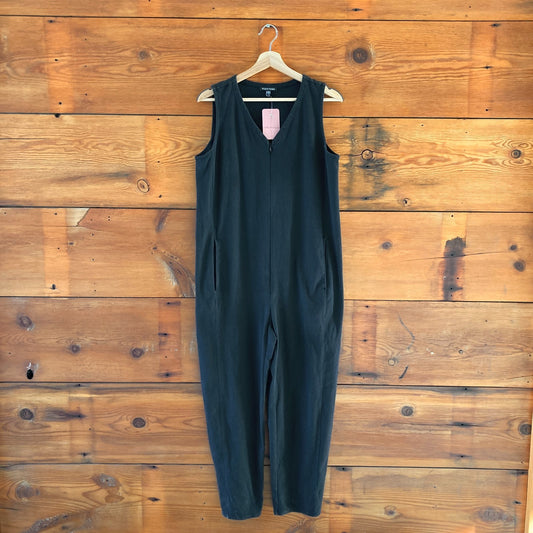S Petite - Eileen Fisher Black Zip Cotton Blend Ponte Lantern Jumpsuit 0313AH