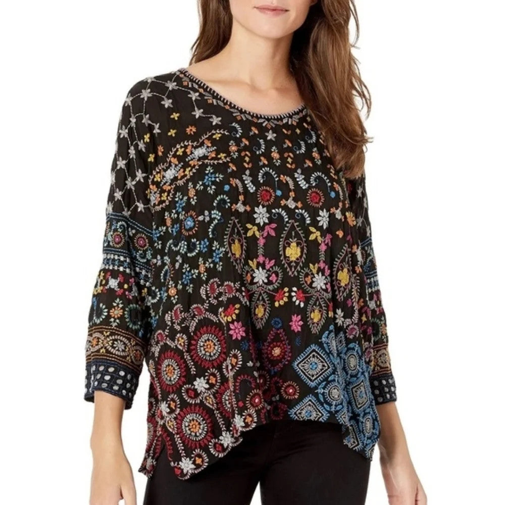 Johnny Was Black Embroidered Zora Stitchwork Tunic Blouse Top - Size L - 1209SH