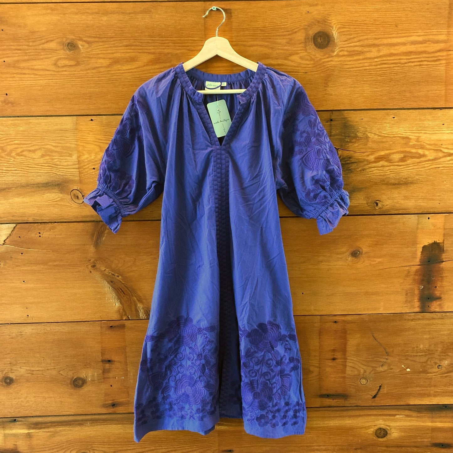Julia Amory Purple Embroidered Midi Puff Sleeve Dress - Size S - 1107TZ
