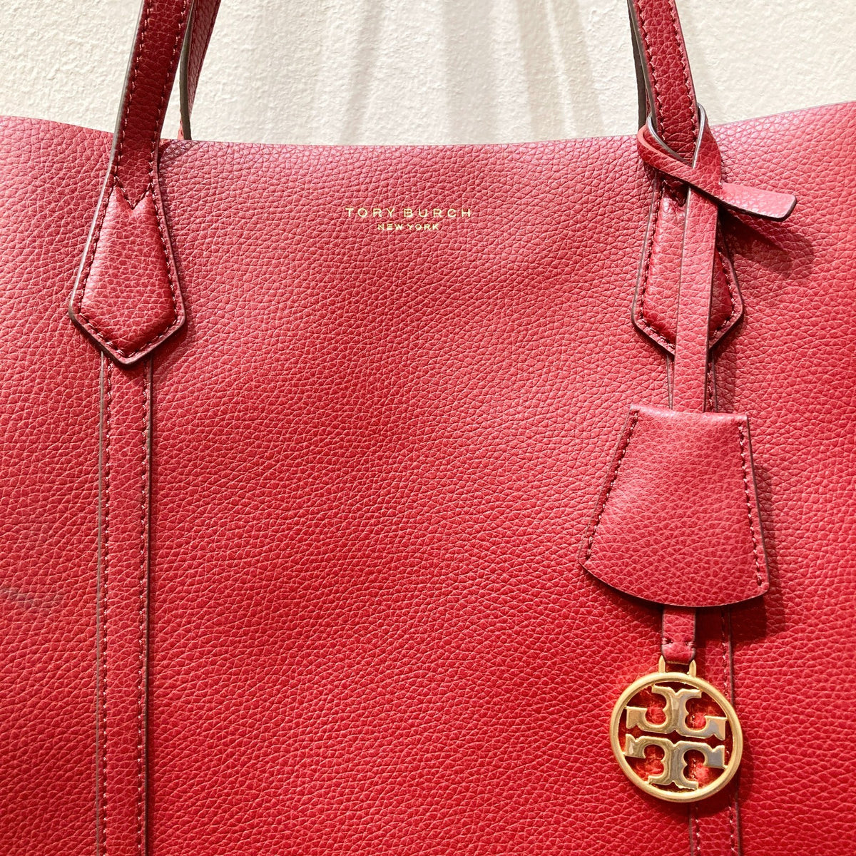 Tory Burch Deep Red Grained Leather Perry Triple Compartment Tote Purse - 0916KJ