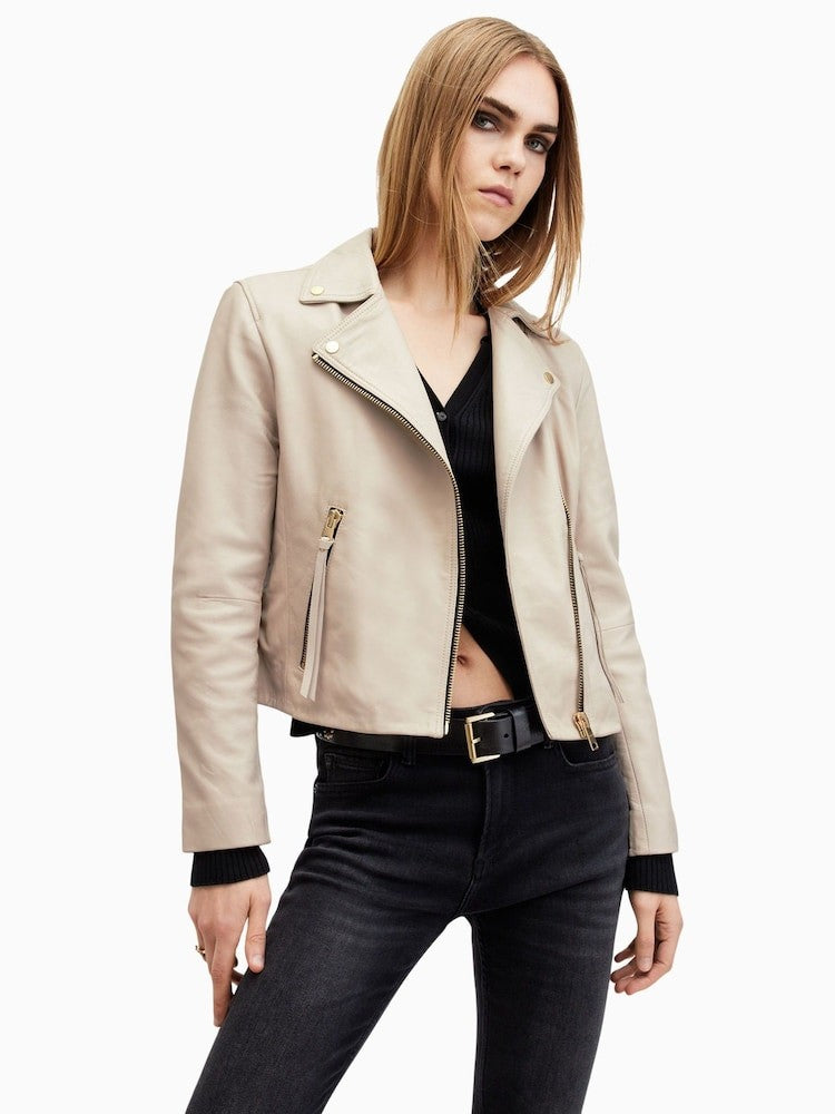AllSaints $569 Off White Leather Dalby Biker Moto Jacket - Size 2 - 0721KL