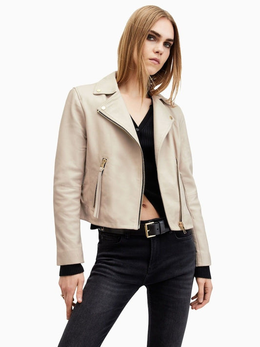 AllSaints $569 Off White Leather Dalby Biker Moto Jacket - Size 2 - 0721KL