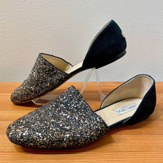 Jimmy Choo Black Coarse Glitter Globe D'Orsay Suede Flats - 37.5 / 7.5 - 0907LR