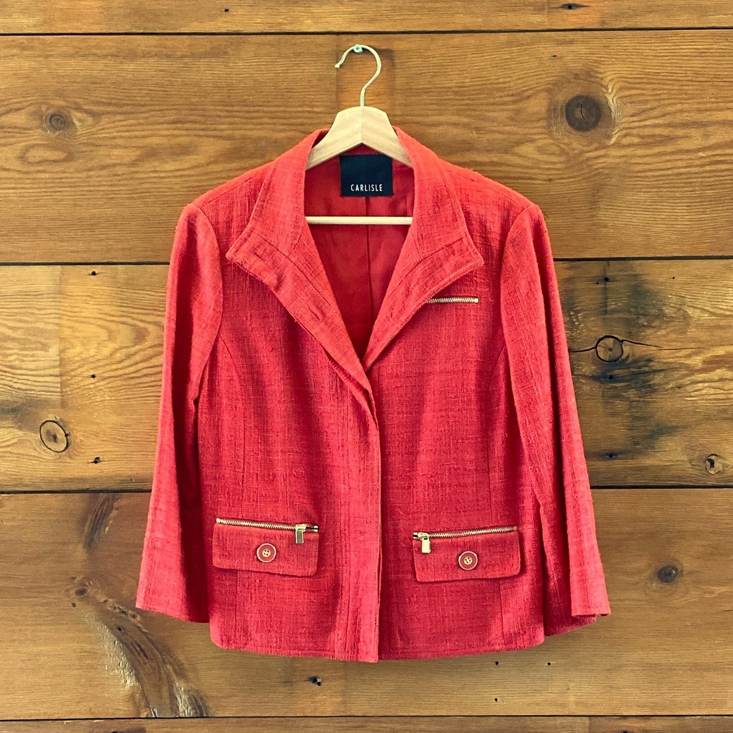 Carlisle Red 100% Silk Tweed Gold Hardware Button Up Jacket - Size 8 - 0418SC