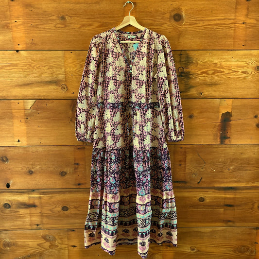 Faherty Pink Idina Block Print Long Sleeve Tie Waist Maxi Dress - Sz S - 0830KJ