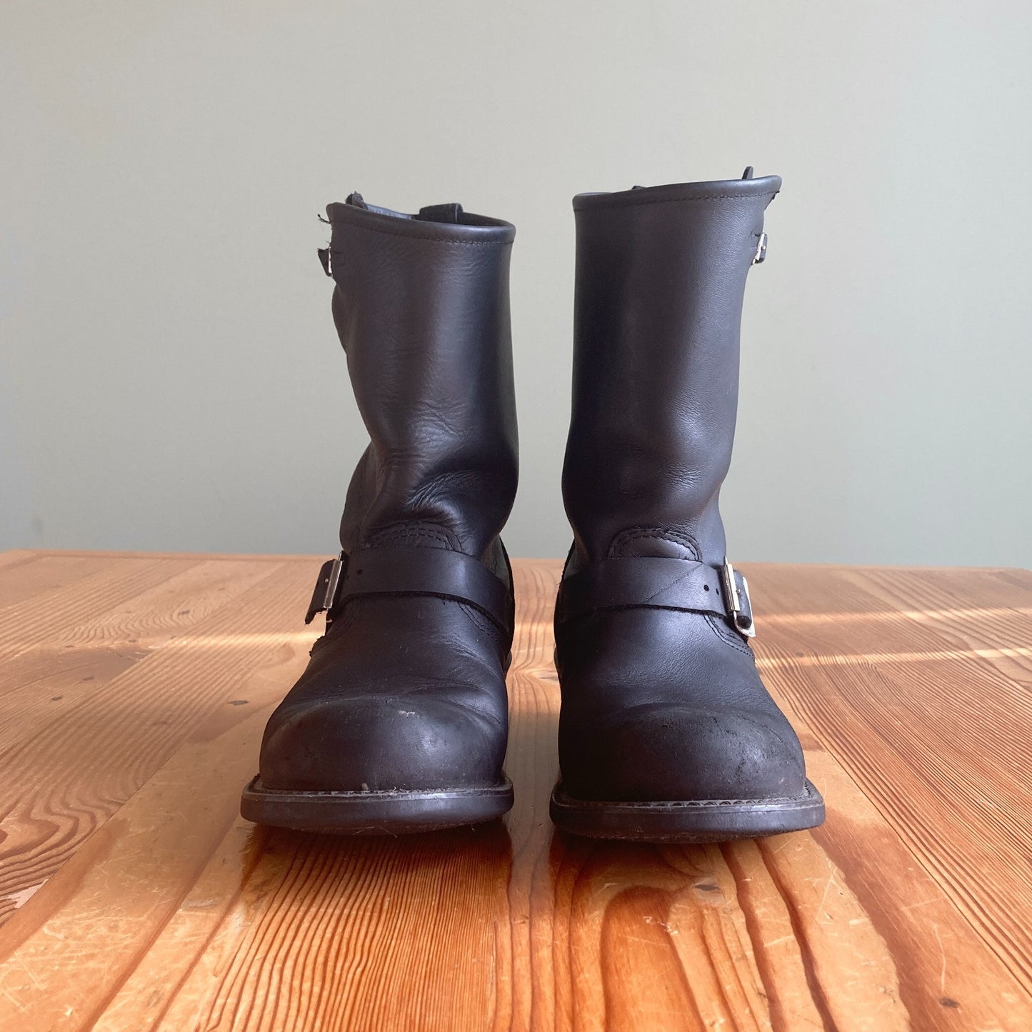 8.5 - Frye Black Leather 12R Engineer Moto Biker Mid Calf Boots 0504AK