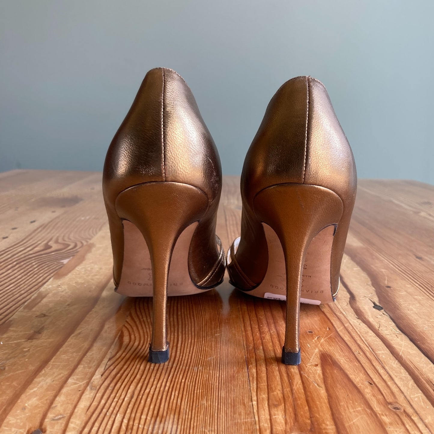 Brian Atwood Bronze Gold Strappy Open Toe Heels Shoes - Size 37.5 / 7.5 - 0716AF