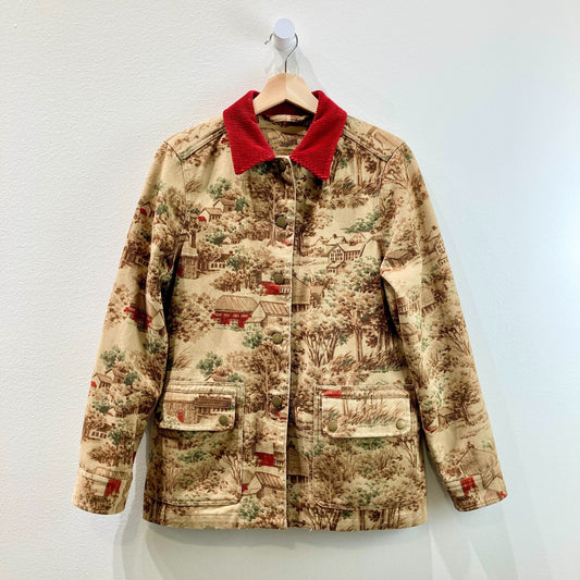 Vintage Ralph Lauren Toile Pattern Cord Collar Barn Coat Jacket - Sz S - 0620TO