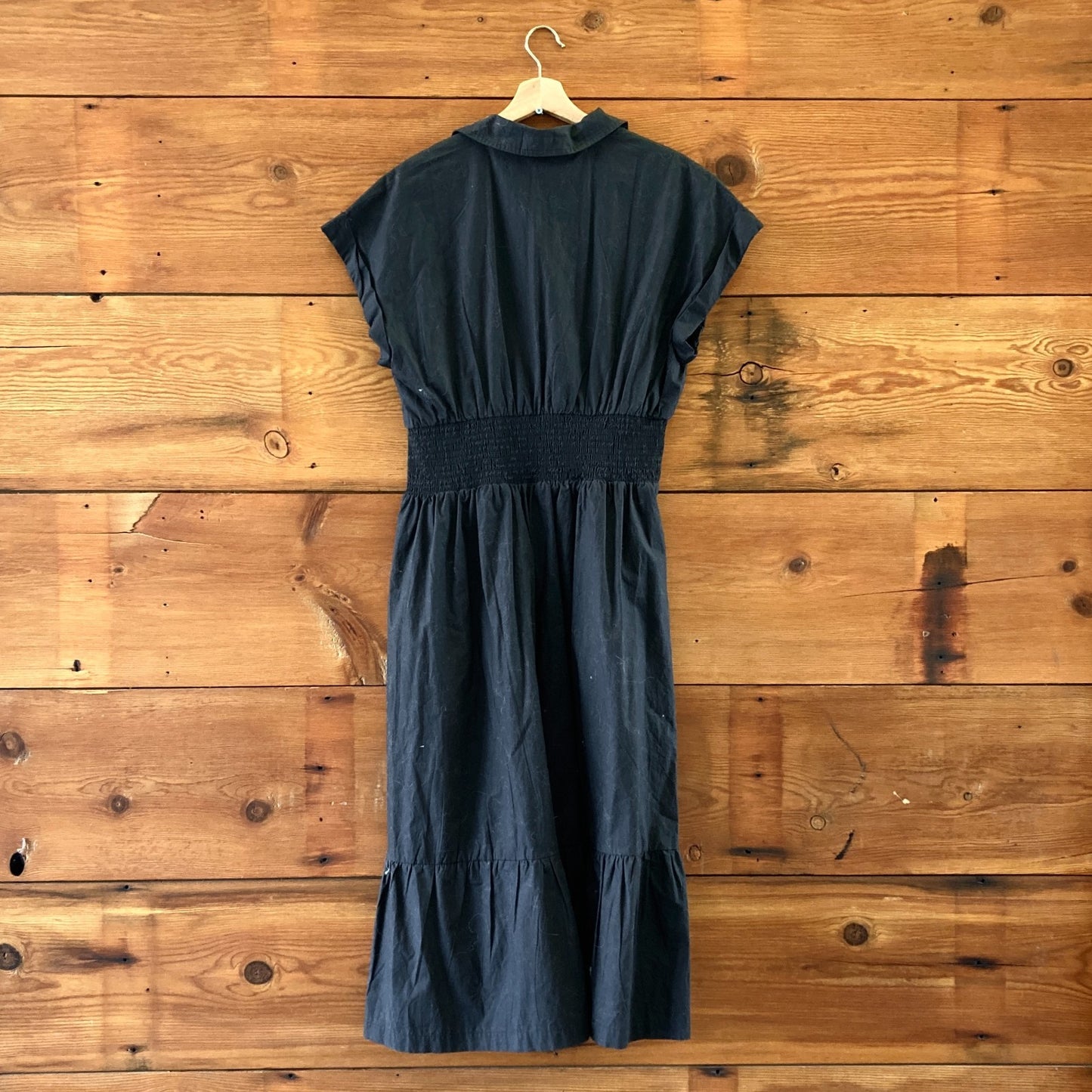 L - by Anthropologie Black NEW $178 Button Front Short Sleeve Midi Dress 0416JW