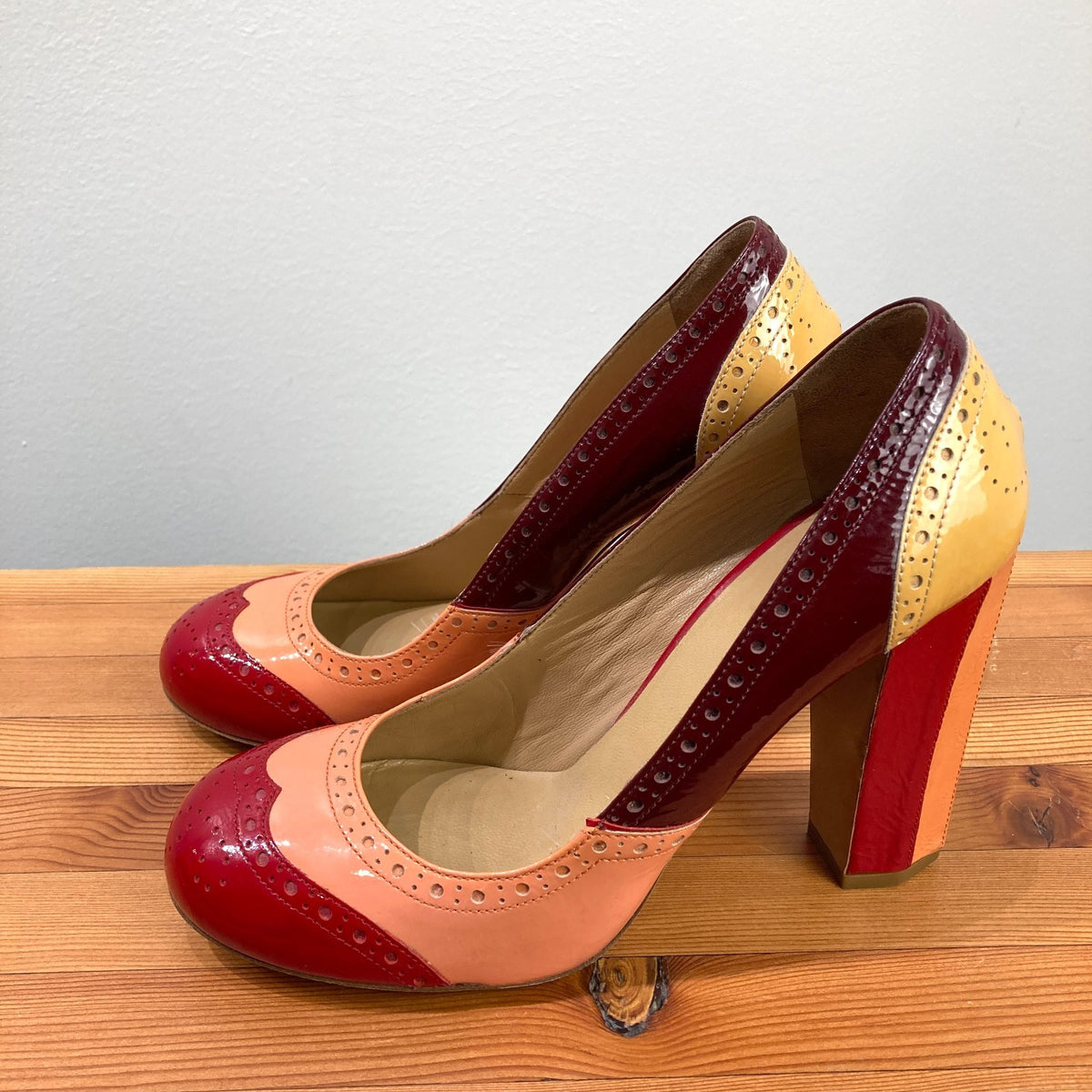 Miu Miu Patent Leather Brogue Colorblock Block Heels - Size 39.5 / 9.5 - 0103JM