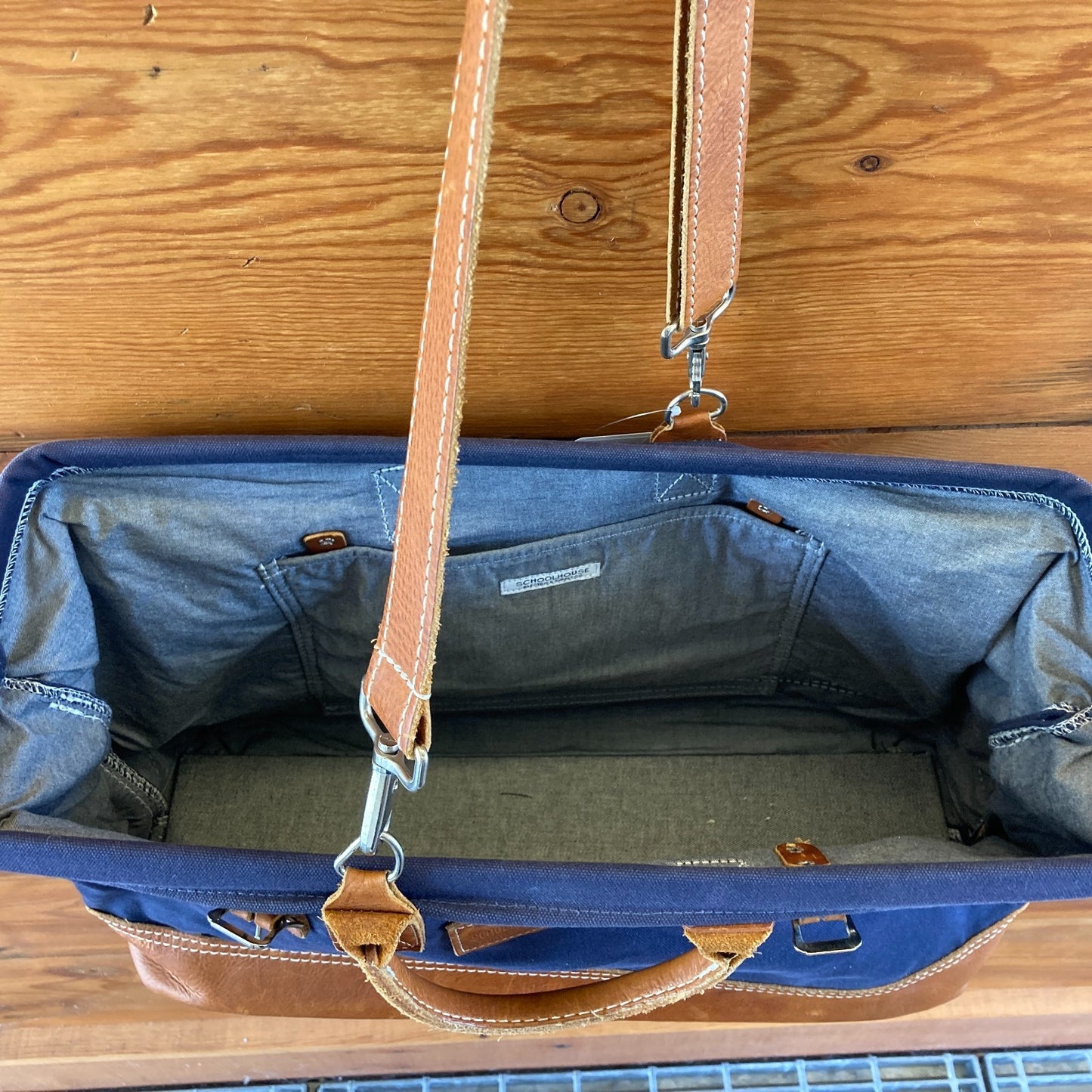 Schoolhouse Electric Navy Canvas Brown Leather Weekender Duffle Bag - 1229MR
