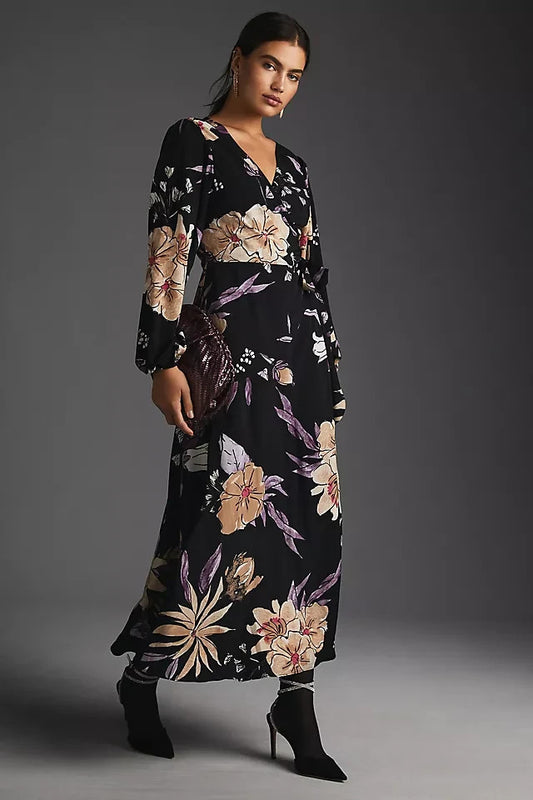 Hutch Anthropologie Black Bold Floral Maxi Wrap Dress - Size XS Petite - 0501SE