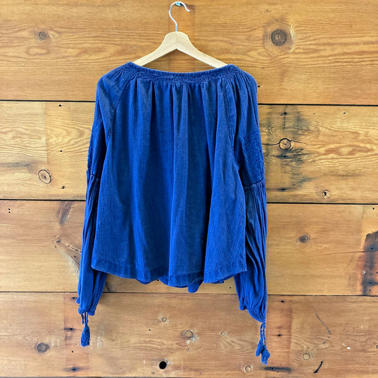 Doen Navy Blue 100% Cotton Loose Fit Boho Gauze Blouse Top - Size S - 0806JH