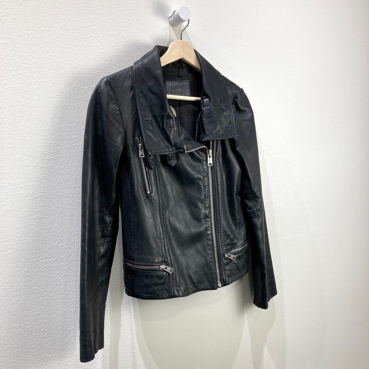 All Saints Black Leather Funnel Neck Bales Moto Biker Jacket - Size 4 - 0501JG