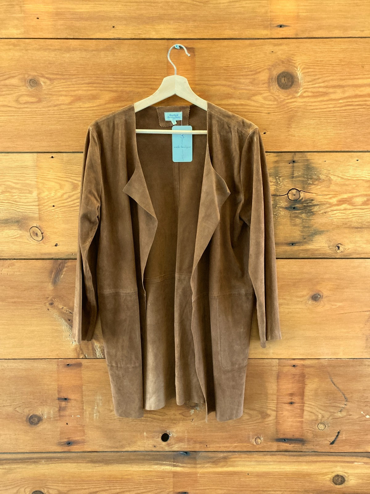 Hartford Brown Goat Suede Leather Draped Front Long Jacket - Size 2 / M - 4427SC