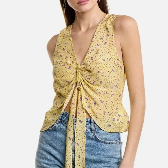 Favorite Daughter Yellow Floral Silk Gwen Tie Tank Top - Size L - NEW - 0417DL