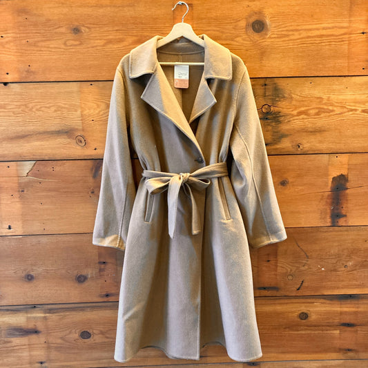 L - Uniqlo Camel Tan Wool Blend Tie Waist Belted Long Trench Jacket 0223LR