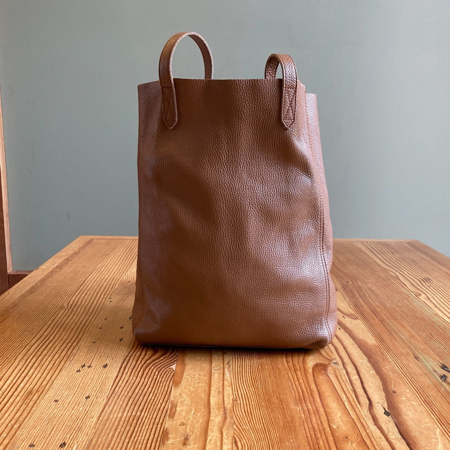 Cuyana Caramel Brown Pebbled Leather Tall Tote Bag Purse 0415CD
