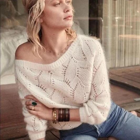 Sezane White Wide Neck Open Knit Mohair Blend Sweater - Size S - 1209TT