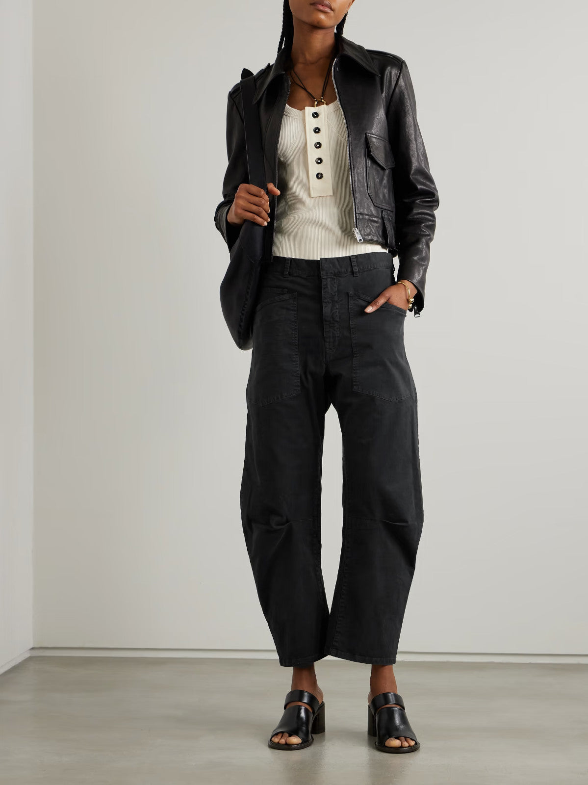 Nili Lotan Washed Black Shon Cotton Twill Barrel-leg Pants - Size 6 - 0721DK