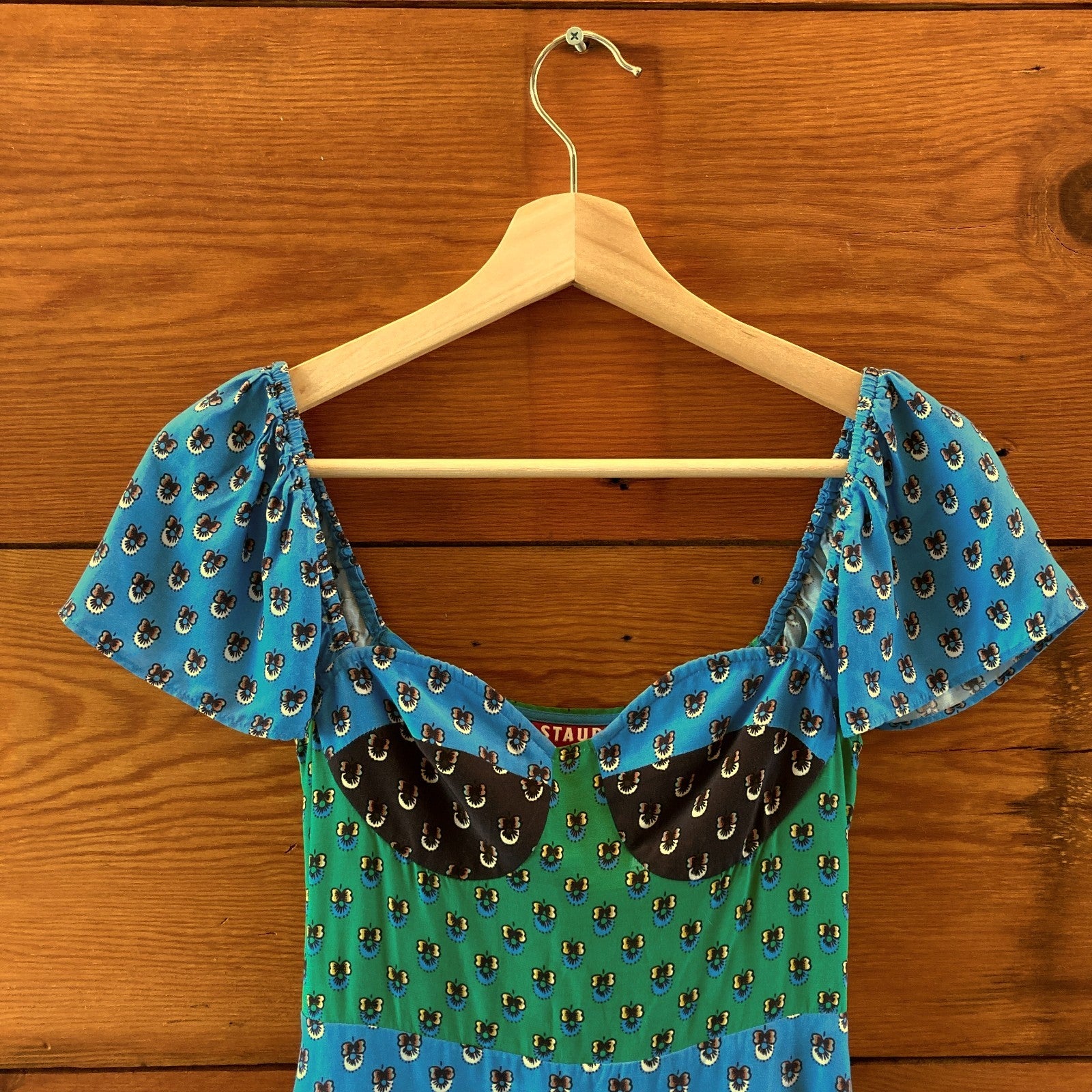 Staud Blue Green Yellow Colorblocked Print Gisele Mini Dress