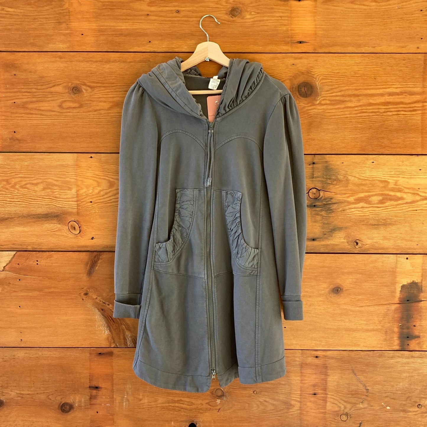S - Prairie Underground Gray Zip Up Ruched Hoodie Long Cloak Jacket 0609CM