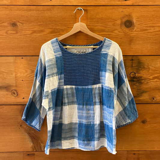 Ace & Jig Blue Plaid Short Sleeve 100% Cotton 3/4 Sleeve Top - Size M - 0806JH