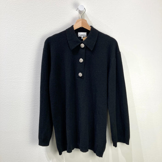 Ganni Black 100% Cashmere Jewel Button Neck Pullover Sweater - Size S / M 1205DA
