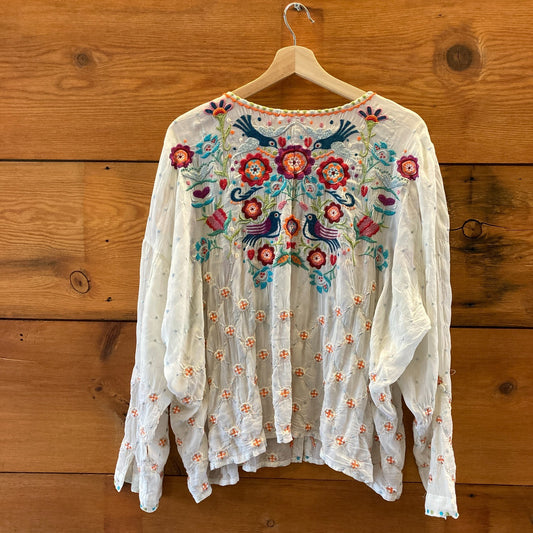 Johnny Was White Embroidered Floral Brady Button Down Boho Top - Size M - 0514CP