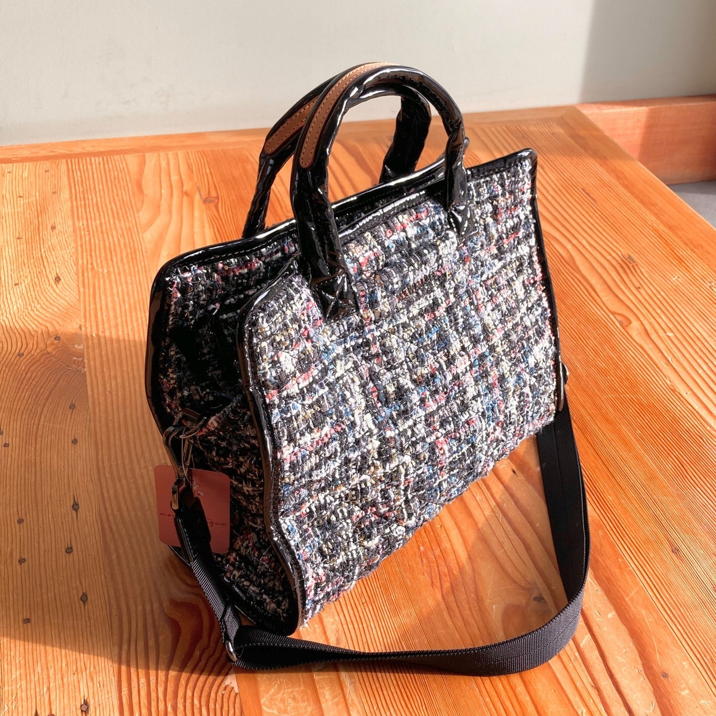 MZ Wallace $325 Tweed Medium Box Tote Crossbody Patent Handle Bag 1117KW