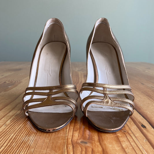 Brian Atwood Bronze Gold Strappy Open Toe Heels Shoes - Size 37.5 / 7.5 - 0716AF