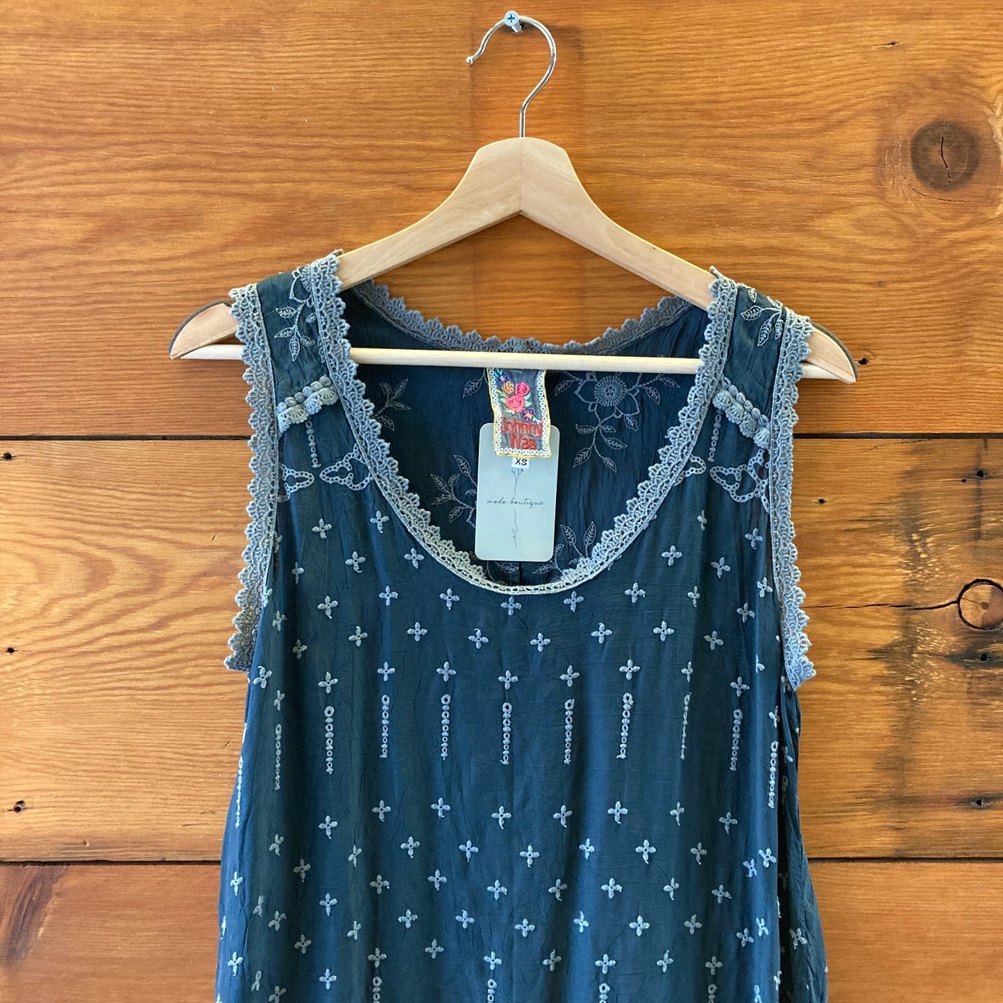 XS - Johnny Was Blue Embroidered Sleeveless Crochet Trim Mini Dress 1203TR