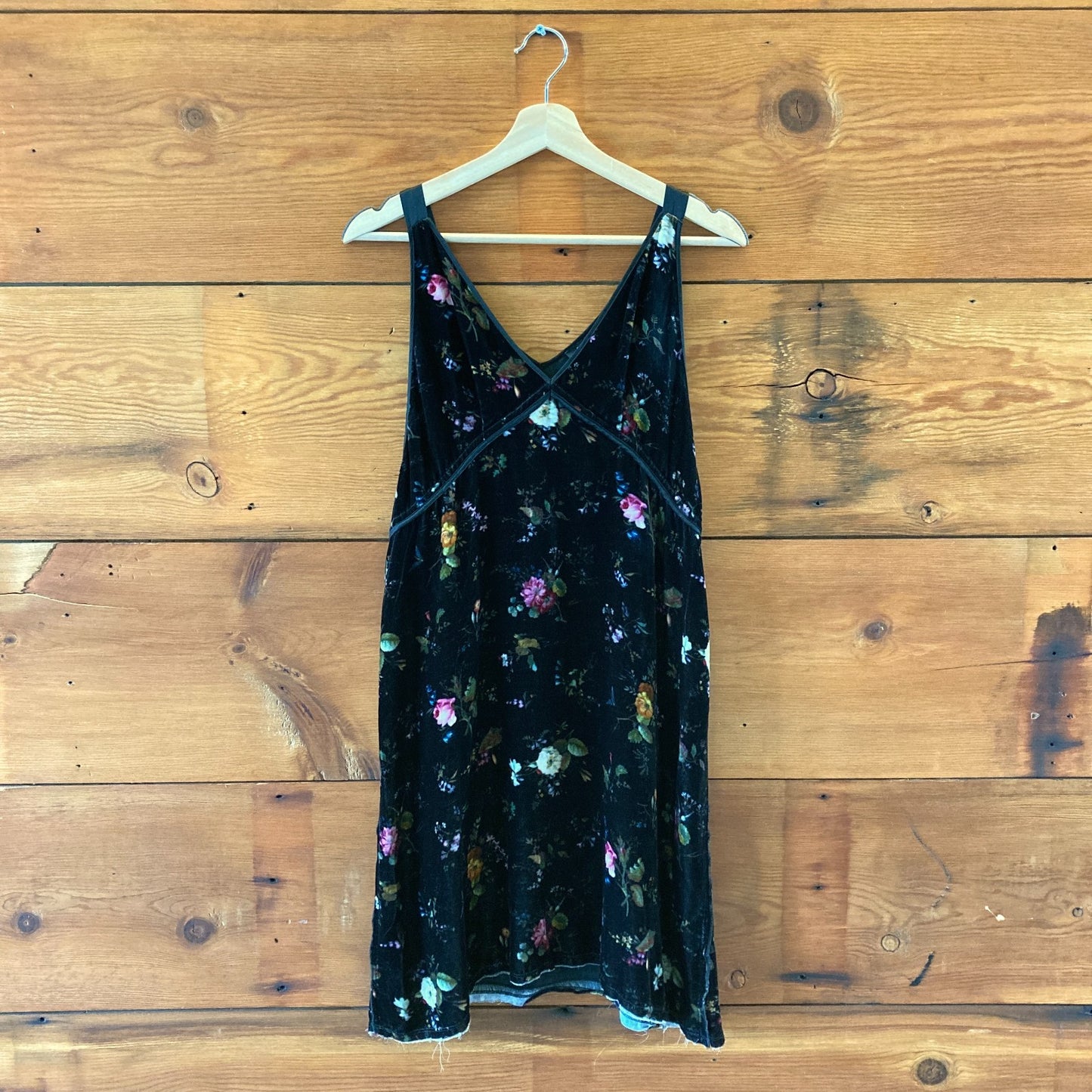 R13 Black Floral Print Velvet V-Neck Mini Slip Strap Dress - Size M - 1011SC
