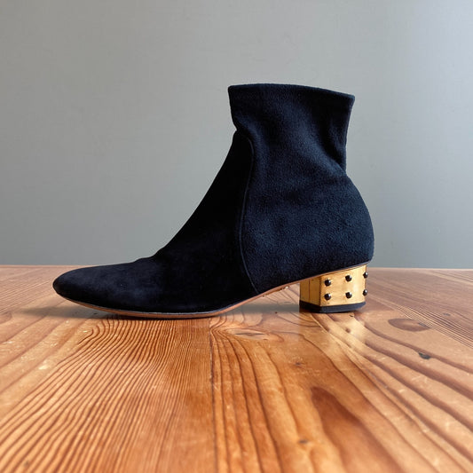 38.5 / 8.5 - Charlotte Olympia Black Stretch Studded Gold Heel Boots 0508DK