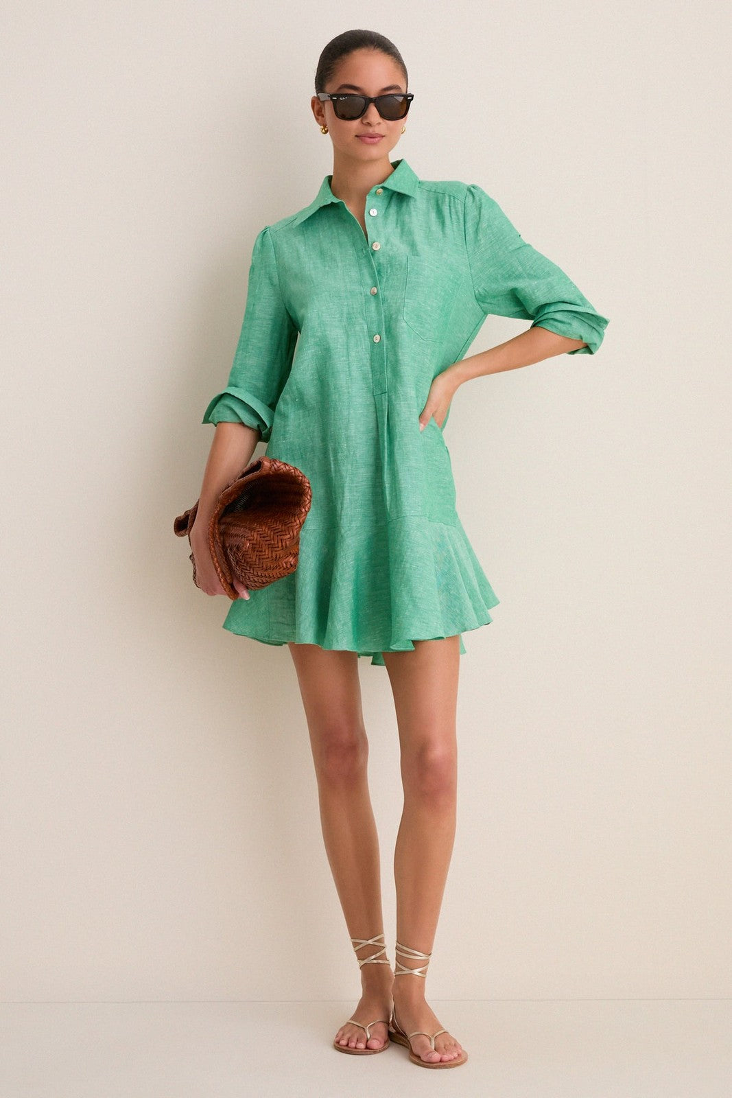 Tuckernuck Green Long Sleeve Linen Mini Callahan Shirt Dress - Size M - 0710SD