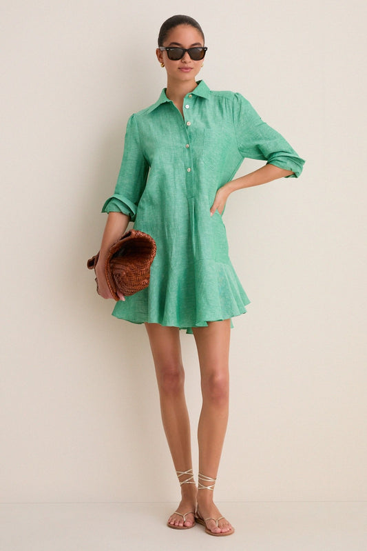 Tuckernuck Green Long Sleeve Linen Mini Callahan Shirt Dress - Size M - 0710SD