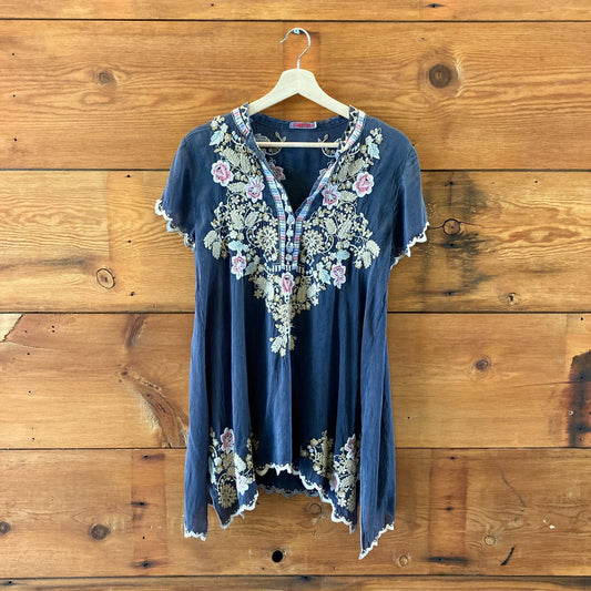 Johnny Was Gray Embroidered Short Sleeve Tunic Top Dress - Size S - 0121PK