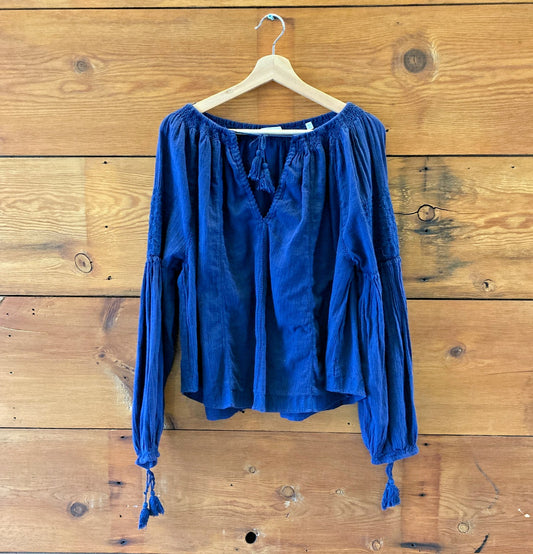 Doen Navy Blue 100% Cotton Loose Fit Boho Gauze Blouse Top - Size S - 0806JH