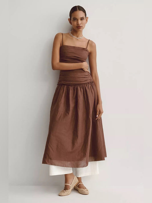 La Maise x Anthropologie NEW Brown Gathered Drop Waist Dress - Size XL - 0610MB