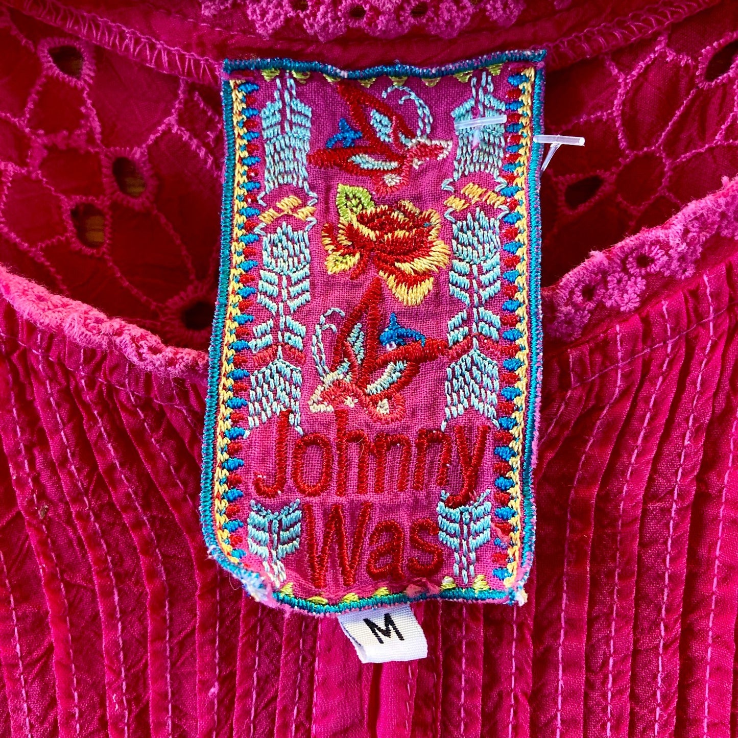 Johnny Was Fuschia Pink Embroidered Eyelet Cupra Top - Size M - 1103ES
